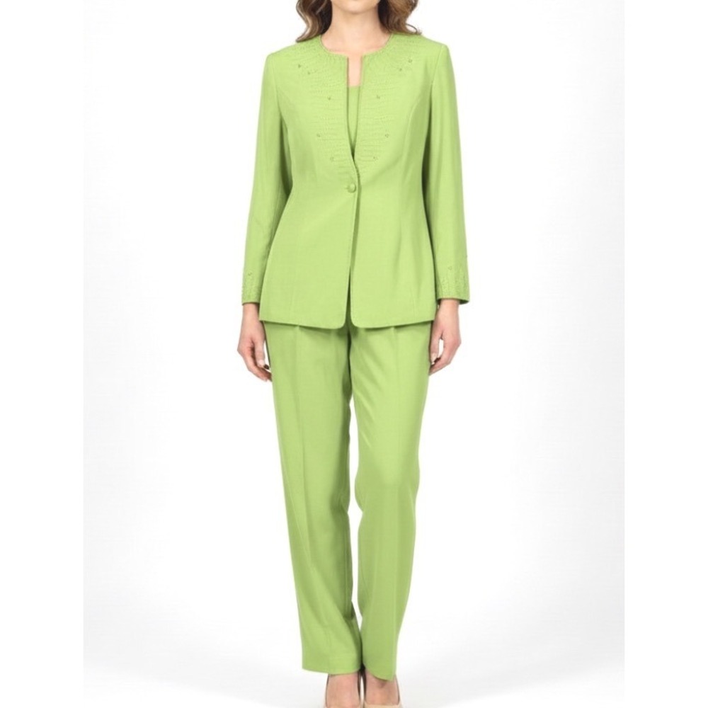 TERRAMINA Green TWILL Rhinestone/Beaded PLEATED 2-Pc JACKET/PANTS SUIT SET Sz 12